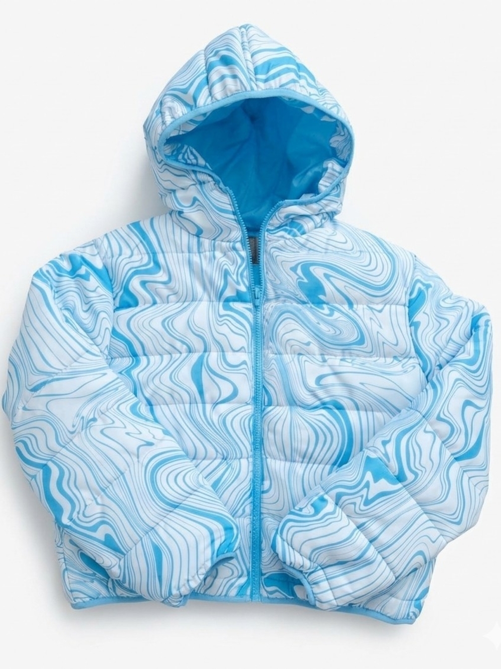 wild fable Women's Light Blue Marble Hooded Puffer